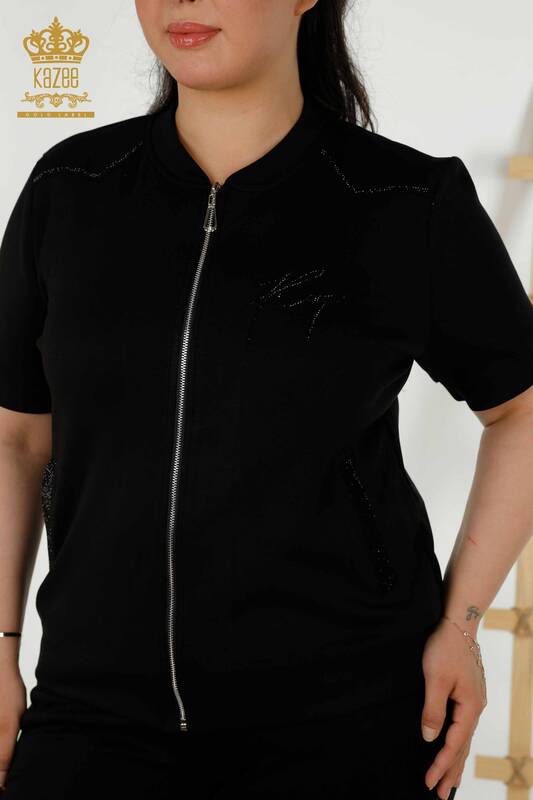 Wholesale Women's Tracksuit Set - Zippered - Stone Embroidered - Black - 20411 | KAZEE