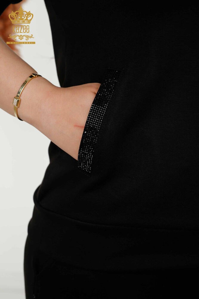 Wholesale Women's Tracksuit Set - Zippered - Stone Embroidered - Black - 20411 | KAZEE - 6