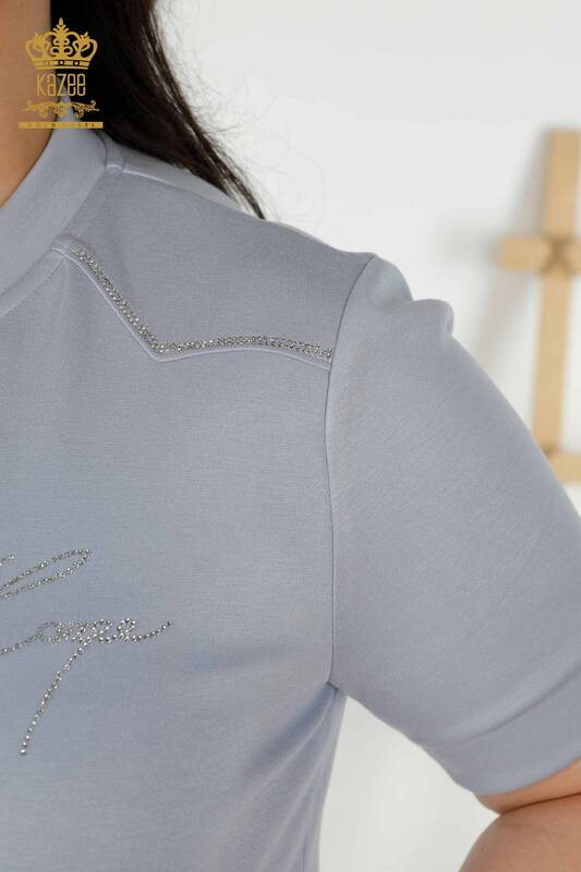 Wholesale Women's Tracksuit Set - Zippered - Stone Embroidered - Blue - 20411 | KAZEE