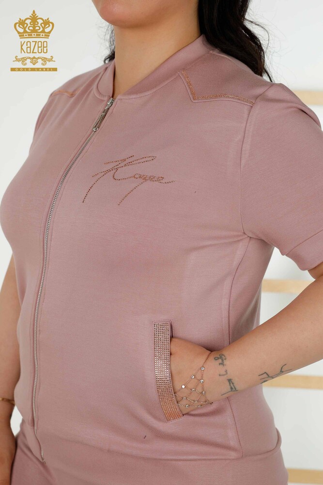 Wholesale Women's Tracksuit Set - Zippered - Stone Embroidered - Rose - 20411 | KAZEE - 3