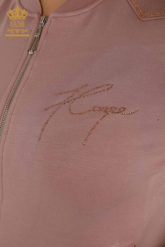 Wholesale Women's Tracksuit Set - Zippered - Stone Embroidered - Rose - 20411 | KAZEE