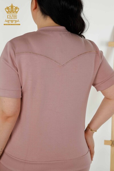 Wholesale Women's Tracksuit Set - Zippered - Stone Embroidered - Rose - 20411 | KAZEE - Thumbnail