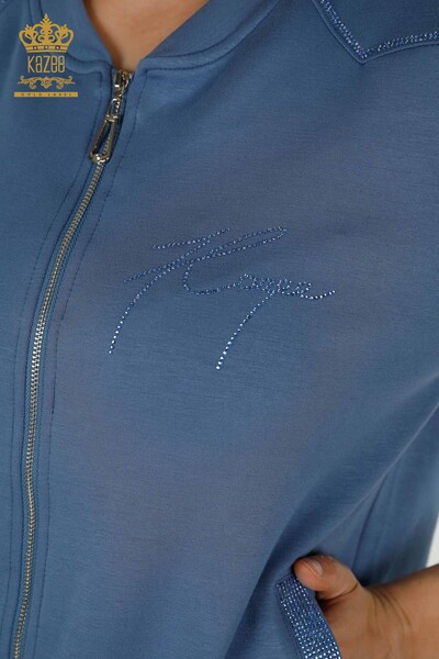 Wholesale Women's Tracksuit Set - Stone Embroidered - Indigo - 17549 | KAZEE - 5