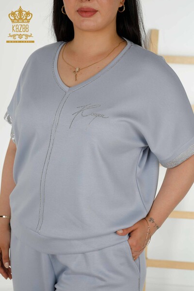 Wholesale Women's Tracksuit Set - Stone Embroidered - Pockets - Blue - 20391 | KAZEE - Thumbnail