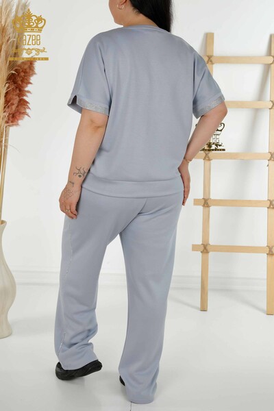 Wholesale Women's Tracksuit Set - Stone Embroidered - Pockets - Blue - 20391 | KAZEE - 13