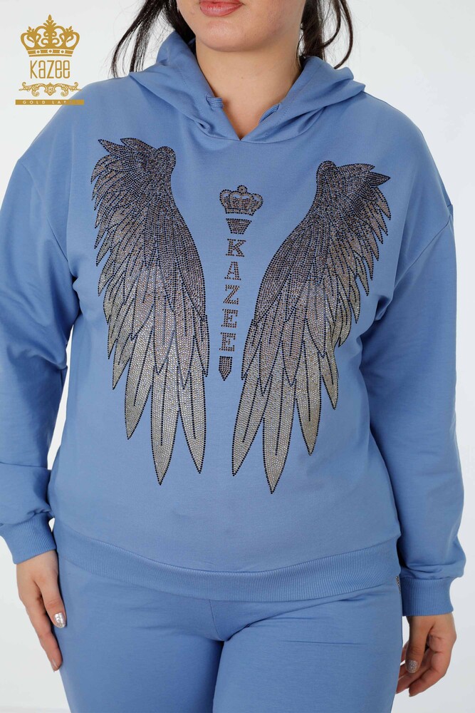Wholesale Women's Tracksuit Set Angel Wing Pattern Blue - 17481 | KAZEE - 3