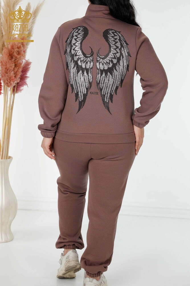 Wholesale Women's Tracksuit Set Angel Wing Pattern Brown - 17466 | KAZEE - 11