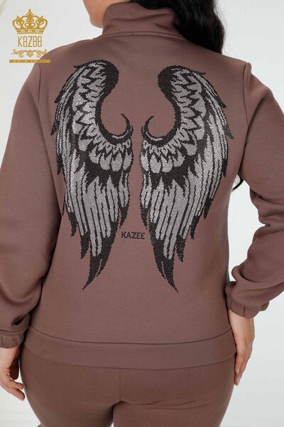 Wholesale Women's Tracksuit Set Angel Wing Pattern Brown - 17466 | KAZEE - 12