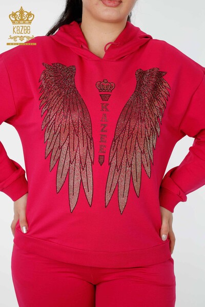 Wholesale Women's Tracksuit Set Angel Wing Pattern Fuchsia - 17481 | KAZEE - 3