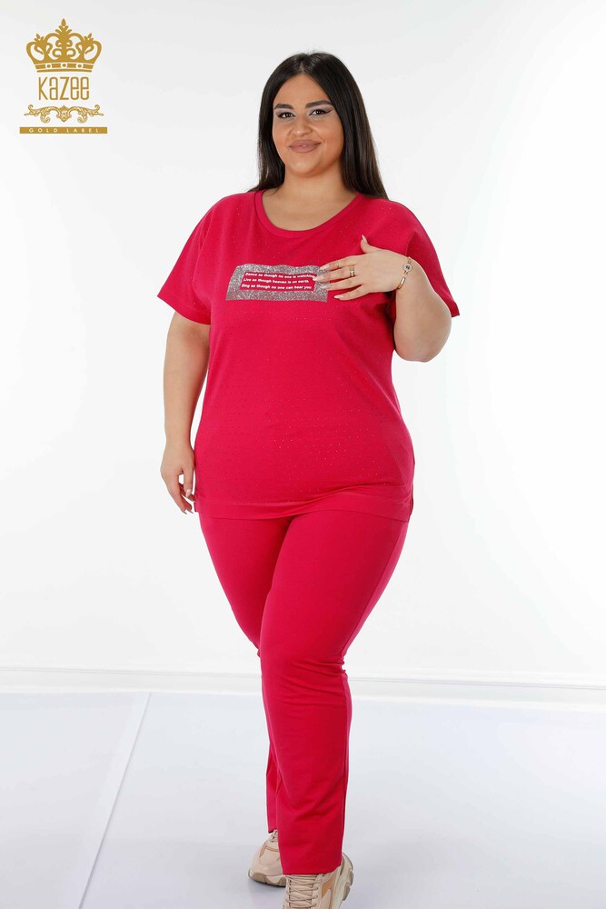 Wholesale Women's Tracksuit Set Short Sleeve Fuchsia - 17389 | KAZEE - 1