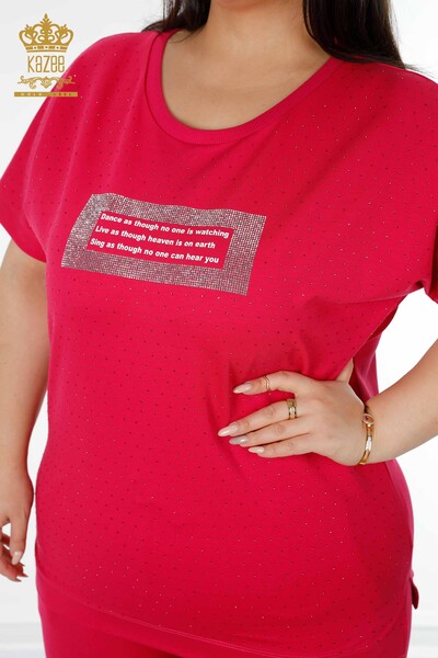 Wholesale Women's Tracksuit Set Short Sleeve Fuchsia - 17389 | KAZEE - 3