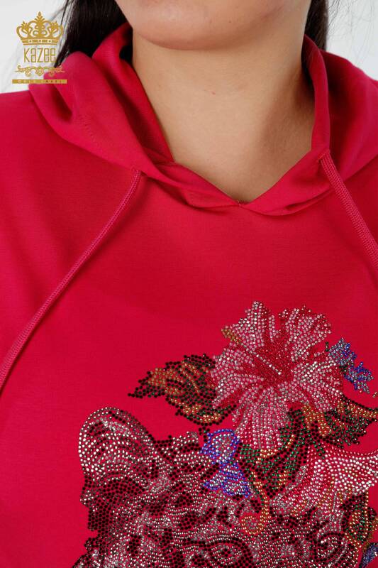 Wholesale Women's Tracksuit Set Stone Embroidered Fuchsia - 17480 | KAZEE