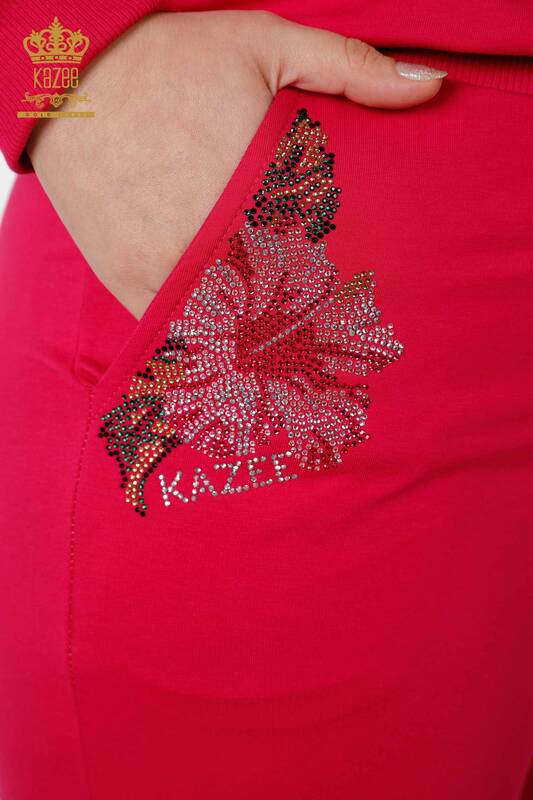 Wholesale Women's Tracksuit Set Stone Embroidered Fuchsia - 17480 | KAZEE