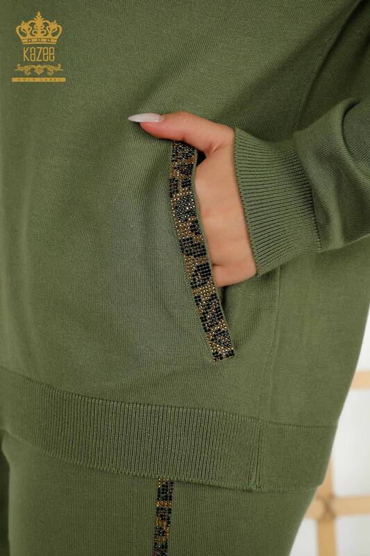 Wholesale Women's Tracksuit Set Stone Embroidered Khaki - 16677 | KAZEE
