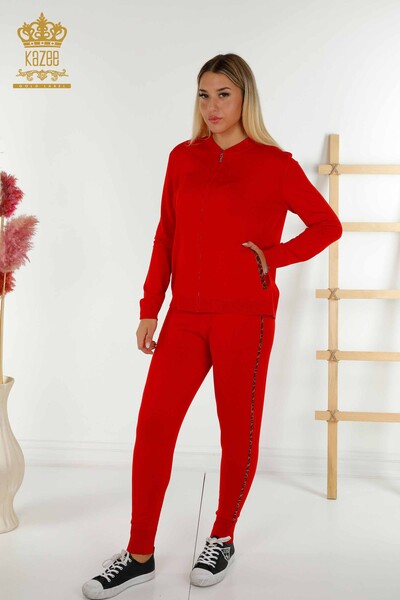 Wholesale Women's Tracksuit Set Red with Stone Embroidery - 16677 | KAZEE - Thumbnail