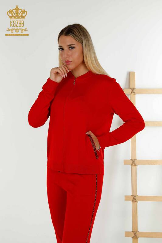 Wholesale Women's Tracksuit Set Red with Stone Embroidery - 16677 | KAZEE