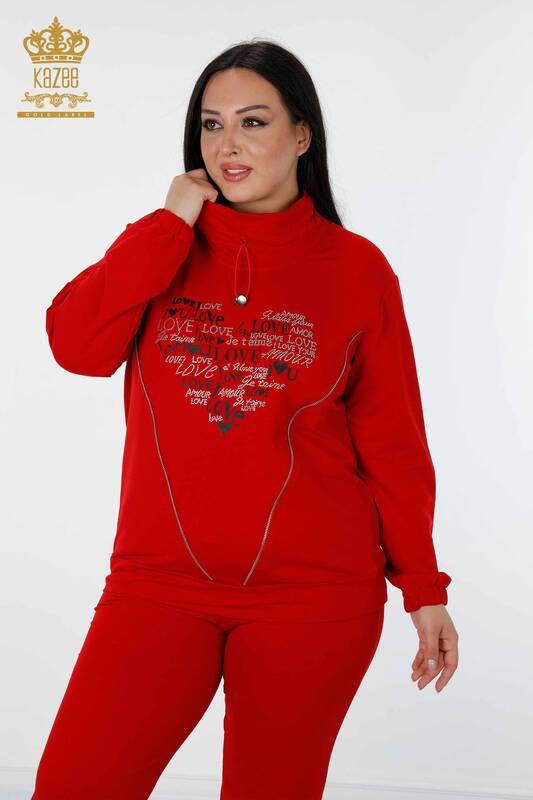 Wholesale Women's Tracksuit Set Stone Embroidered Red - 17446 | KAZEE