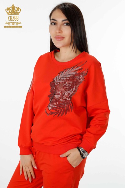 Wholesale Women's Tracksuit Set Tiger Detailed Orange - 17459 | KAZEE - 2