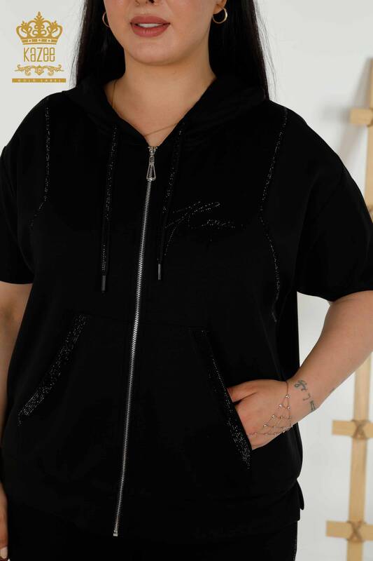 Wholesale Women's Tracksuit Set - Zippered - Short Sleeve - Black- 20389 | KAZEE