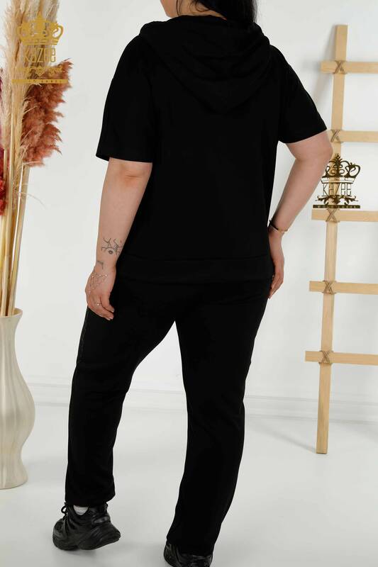 Wholesale Women's Tracksuit Set - Zippered - Short Sleeve - Black- 20389 | KAZEE