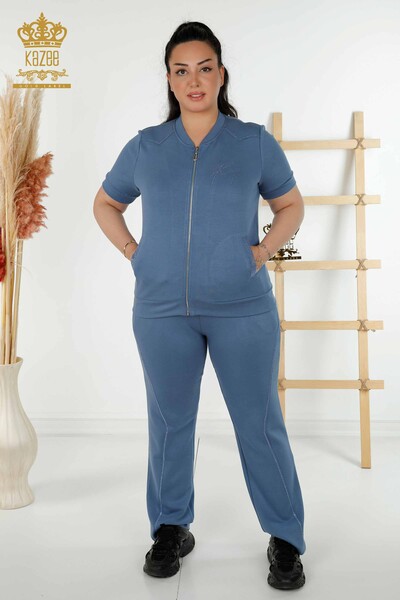 Wholesale Women's Tracksuit Set - Zippered - Stone Embroidered - Indigo - 20411 | KAZEE 