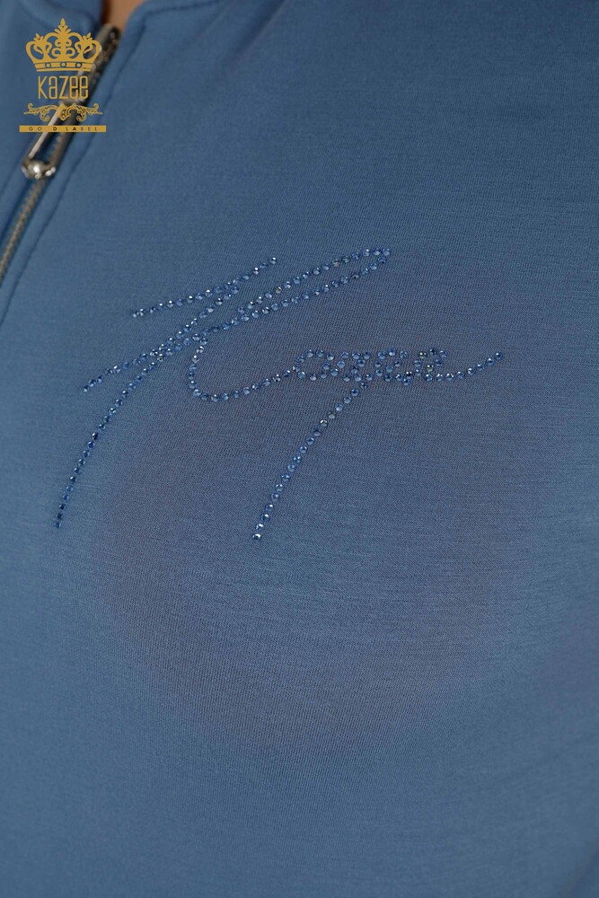 Wholesale Women's Tracksuit Set - Zippered - Stone Embroidered - Indigo - 20411 | KAZEE - 3