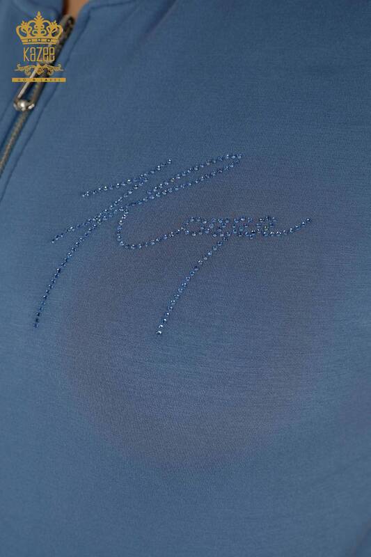 Wholesale Women's Tracksuit Set - Zippered - Stone Embroidered - Indigo - 20411 | KAZEE