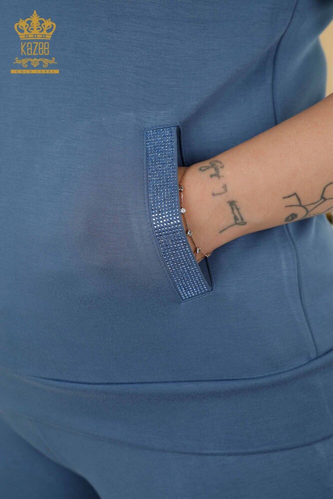 Wholesale Women's Tracksuit Set - Zippered - Stone Embroidered - Indigo - 20411 | KAZEE - 6