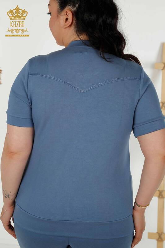 Wholesale Women's Tracksuit Set - Zippered - Stone Embroidered - Indigo - 20411 | KAZEE