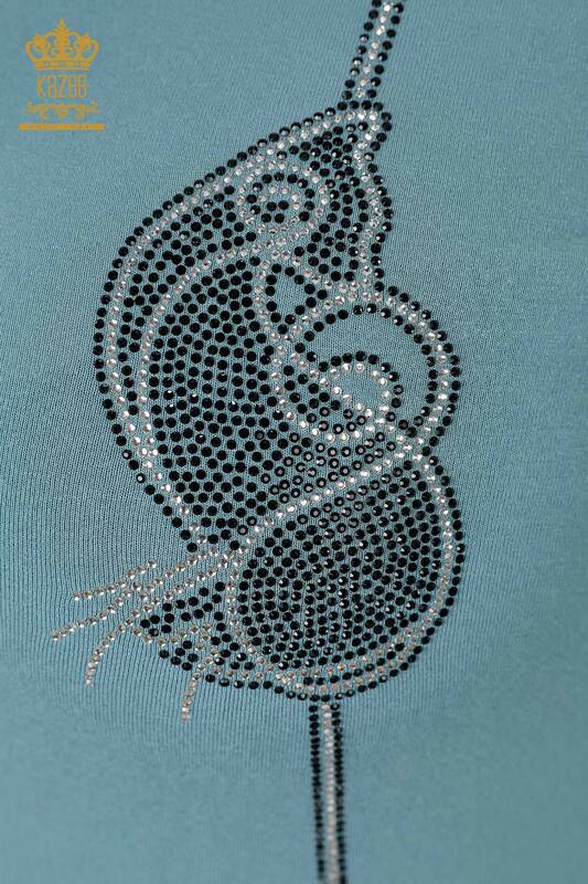Wholesale Women's Stone Embroidered Blouse Crew Neck Blue - 79000 | KAZEE
