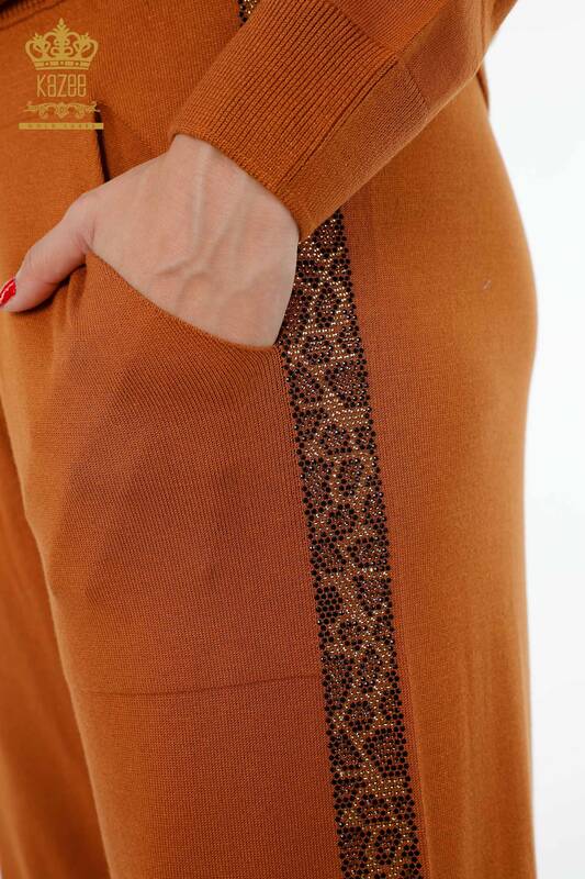 Wholesale Women's Tracksuit Set Pocket Patterned Leopard Stone Embroidered - 16507 | KAZEE