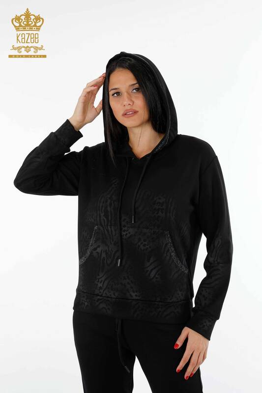 Wholesale Women's Tracksuit Set Hooded Leopard Printed Stone Embroidered - 17452 | KAZEE