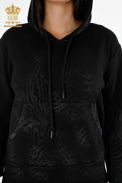 Wholesale Women's Tracksuit Set Hooded Leopard Printed Stone Embroidered - 17452 | KAZEE - Thumbnail