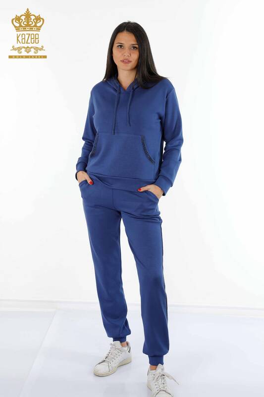 Wholesale Women's Tracksuit Set With Stripe Stone Embroidered Hooded Pocket - 17450 | KAZEE