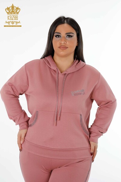 Wholesale Women's Tracksuit Set Striped Stone Embroidered Letter Detailed Hoodie - 17453 | KAZEE - Thumbnail