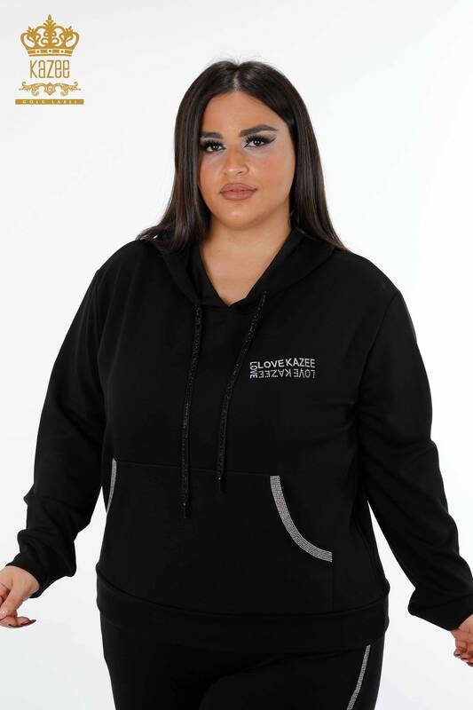 Wholesale Women's Tracksuit Set Striped Stone Embroidered Letter Detailed Hoodie - 17453 | KAZEE