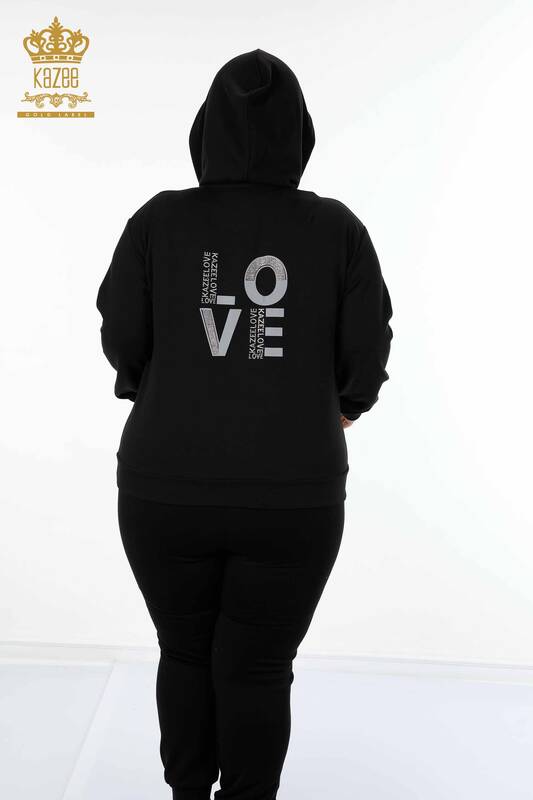 Wholesale Women's Tracksuit Set Striped Stone Embroidered Letter Detailed Hoodie - 17453 | KAZEE