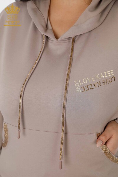 Wholesale Women's Tracksuit Set Striped Stone Embroidered Letter Detailed Hoodie - 17453 | KAZEE - Thumbnail