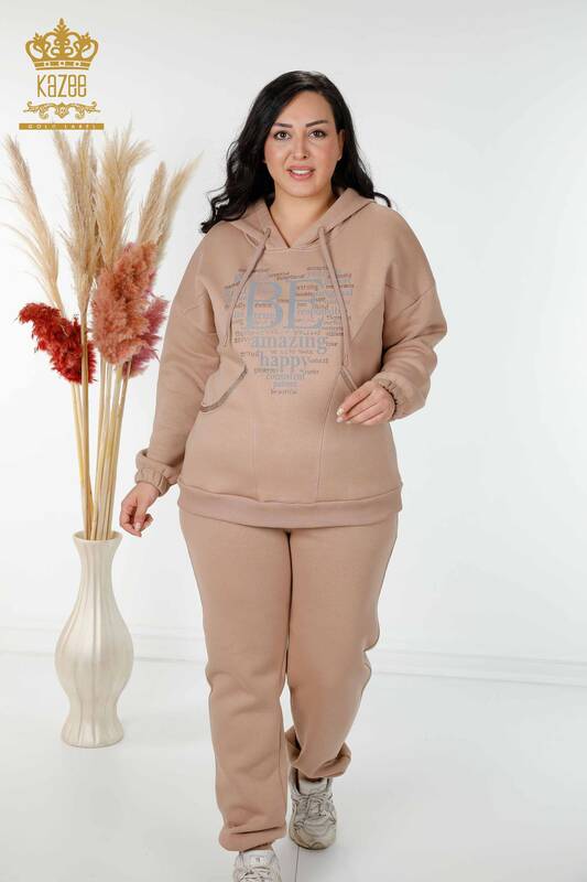 Wholesale Women's Tracksuit Set Hooded Text Detailed Stone Embroidered Mink - 17469 | KAZEE