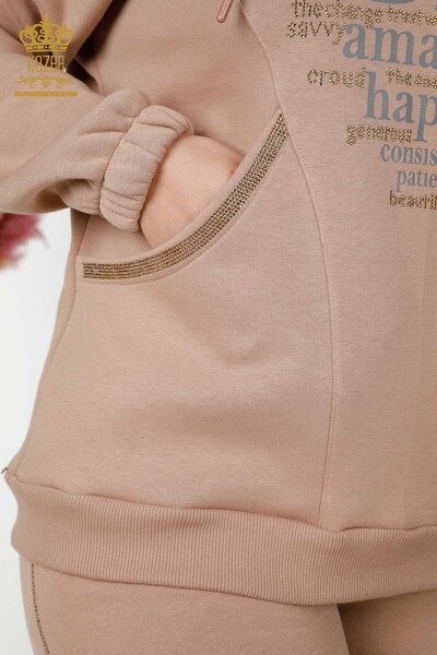 Wholesale Women's Tracksuit Set Hooded Text Detailed Stone Embroidered Mink - 17469 | KAZEE - Thumbnail