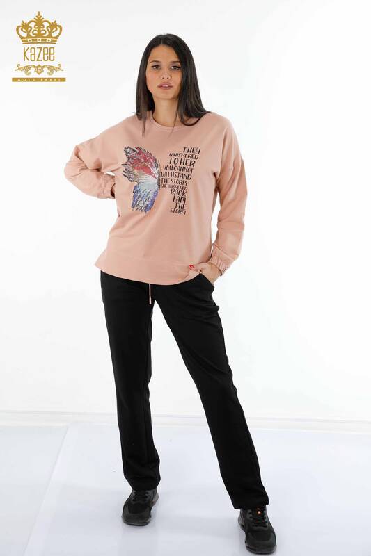 Wholesale Women's Tracksuit Set With Text Detailed Butterfly Pattern Stone - 17408 | KAZEE
