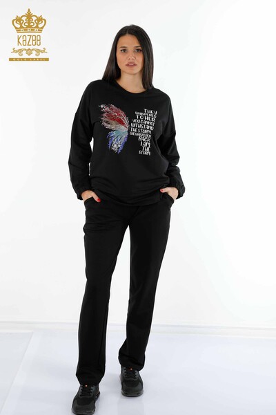 Wholesale Women's Tracksuit Set With Text Detailed Butterfly Pattern Stone - 17408 | KAZEE - Thumbnail