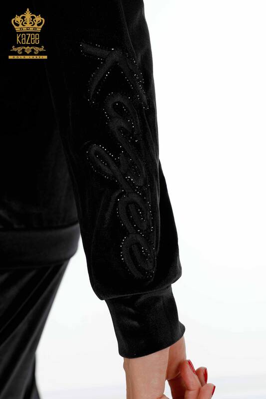 Wholesale Women's Tracksuit Set Zippered Crystal Stone Embroidered Flower Detailed - 17291 | KAZEE