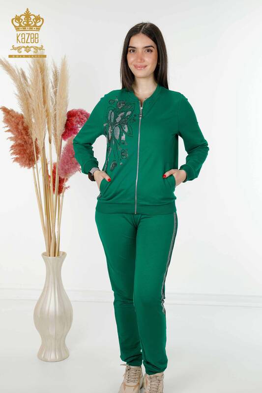 Wholesale Women's Tracksuit Set Zippered Pocket Green - 17494 | KAZEE