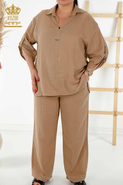 Wholesale Women's Summer Shirt Suit - With Pocket - Beige - 20402 | KAZEE - Thumbnail (2)