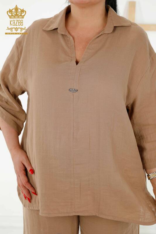 Wholesale Women's Summer Shirt Suit - With Pocket - Beige - 20402 | KAZEE