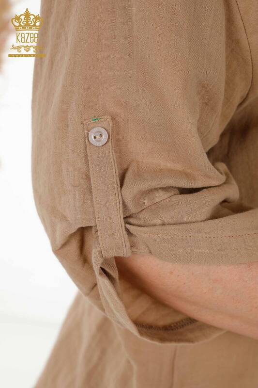Wholesale Women's Summer Shirt Suit - With Pocket - Beige - 20402 | KAZEE