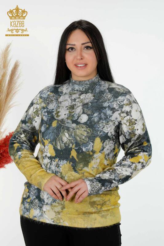 Wholesale Women's Sweater Angora Crystal Stone Embroidered Saffron - 18997 | KAZEE