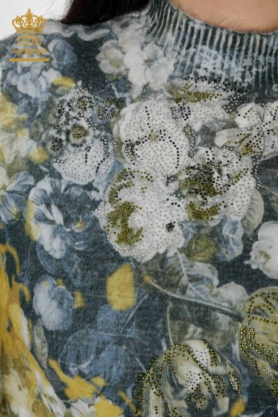 Wholesale Women's Sweater Angora Crystal Stone Embroidered Saffron - 18997 | KAZEE - Thumbnail