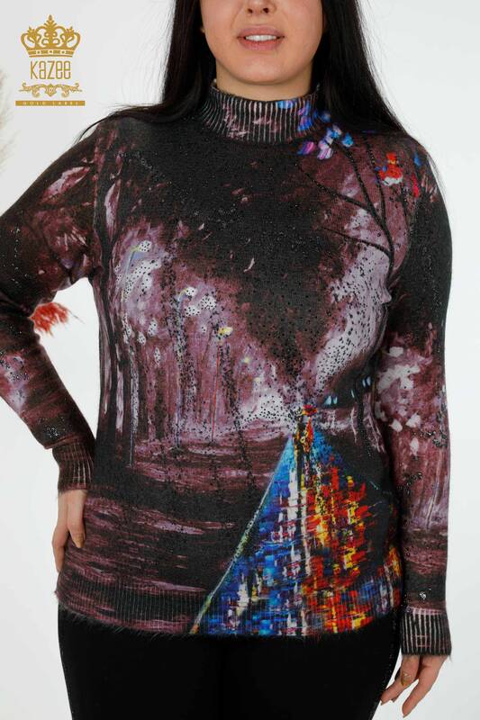 Wholesale Women's Sweater Angora Digital Print Brown - 16009 | KAZEE